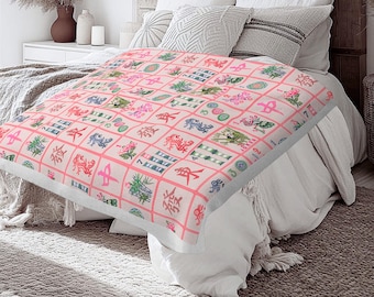 Sammetsfilt i mikrofiber, rosa Mahjong-överdrag på två sidor, vintage Mahjong-pläd, mysig speldekor, turneringspresent, presenter till spelare,