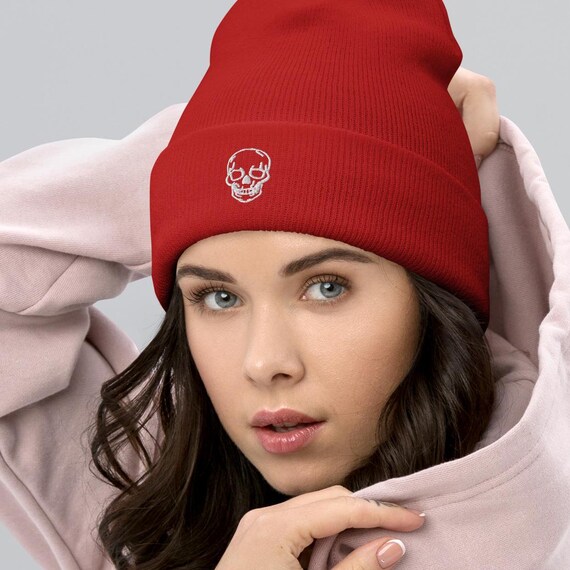 Skull Embroidered Beanie: Unisex Cuffed Winter Hat - Etsy display picture 2