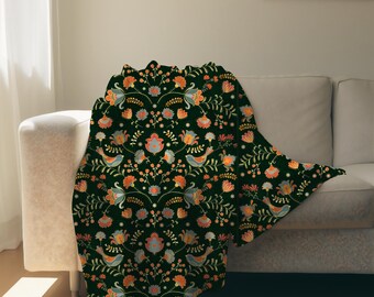Scandinavian Velveteen Blanket: Nordic Folk Art Throw, Hygge Decor