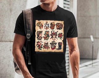 Koszulka z nadrukiem Vintage Tattoo Flash – Komfortowe kolory – Tradycyjny amerykański