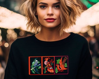 Moletom Mahjong: Bordado Vintage de Pássaros em Azulejos, Blusa para o Dia do Jogo