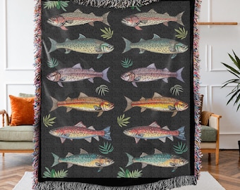 Manta decorativa vintage con diseño de peces: decoración de pescador tejida en algodón.