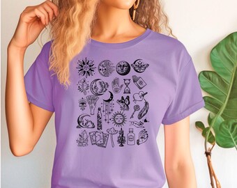 Camiseta Espiritual Sol e Lua: Camiseta Boho Bruxa - Cores Confortáveis
