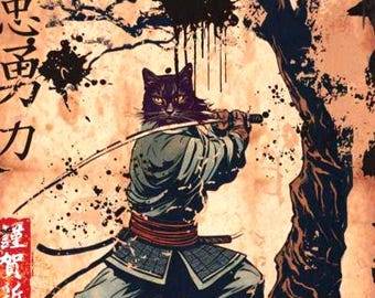 Samurai Cat T-Shirt: Japanese Art Warrior Tee, Catzilla Apparel