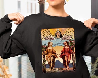 Lesbian Love Art Unisex Crewneck Sweatshirt, LGBT Pride Tarot Shirt, Discreet LGBTQ Gift, The Lovers Tarot Art