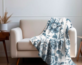 Vintage Toile Throw Blanket: Blue Floral Velveteen Plush