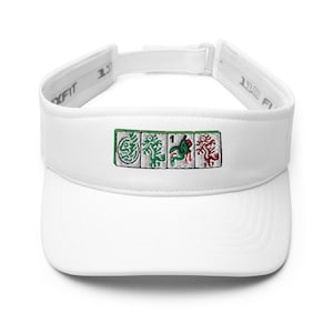 May include: White visor with a green and red embroidered design of four mahjong tiles. The tiles show a dragon, a bamboo, a circle, and a wind symbol.