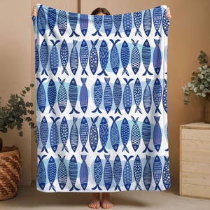 Sherpa Blanket, Fish Blanket, Blue Vintage Fishes, Soft Throw, Fathers Day Gift, Stylish Home Accessory, Seaside Lover style