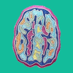 May include: A colorful embroidered patch in the shape of a brain. The brain is outlined in pink, blue, and silver thread. The inside of the brain is filled with various shapes and patterns in shades of blue, green, yellow, orange, and pink.