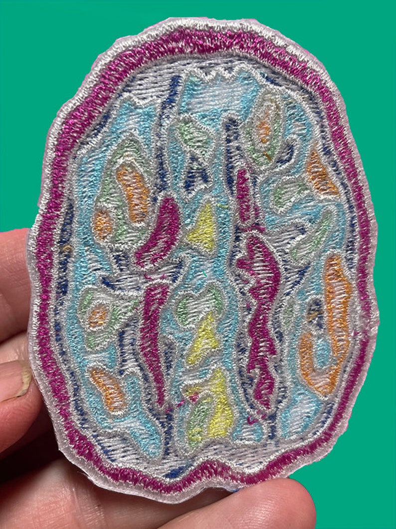 May include: A colorful embroidered patch shaped like a brain with a pink border. The brain is filled with swirls and lines in shades of blue, green, yellow, and orange.