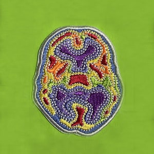 May include: A colorful embroidered patch depicting a brain with a silver outline. The brain is filled with various colors, including purple, yellow, orange, red, and green.