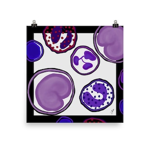 Puede incluir: Impresión de arte abstracto con un fondo blanco y formas púrpuras, azules y rojas. Las formas están delineadas en negro y tienen una variedad de patrones, que incluyen lunares y remolinos.