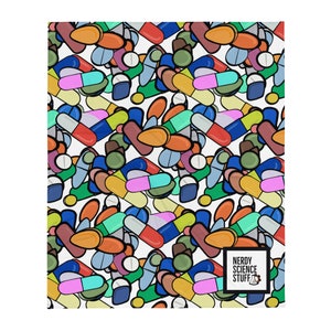 May include: A white background with a repeating pattern of colourful pills and capsules. The text "Nerdy Science Stuff" is in a black box in the bottom right corner.