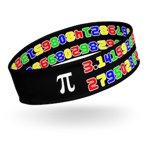 May include: Black silicone wristband with the mathematical constant pi symbol and the first digits of pi in a colorful rainbow pattern.