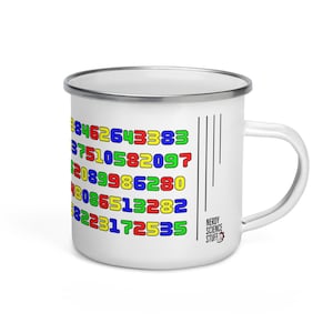 May include: White enamel mug with a silver rim and handle. The mug features colorful numbers arranged vertically, with the text "NERDY SCIENCE STUFF" on the side. A fun and unique gift for science enthusiasts.