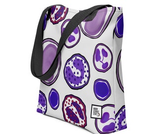 May include: A white tote bag with black handles featuring a repeating pattern of purple and red biological cell illustrations. A small square white label on the lower front displays the black text NERDY SCIENCE STUFF with a small icon.