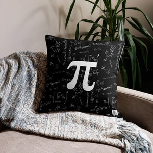 May include: Black throw pillow with a white mathematical formula pattern and a large white pi symbol in the center.