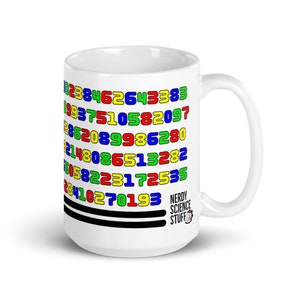 May include: White ceramic mug with a colorful pattern of numbers on the front. The numbers are in red, yellow, green, and blue. The mug has a black handle and the text "Nerdy Science Stuff" is printed on the bottom right side of the mug.
