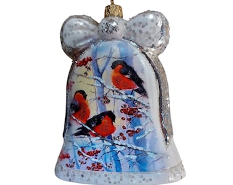 Adorno navideño de cristal hecho a mano – Campana con pájaros de invierno