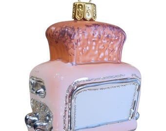 Vintage glasbrödrost julgransprydnad | Handblåst rosa retro brödrostdekoration | Samlargransprydnad för julen
