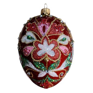 Enfeite de Natal de vidro com estampa floral vermelha – Bola de Natal pintada à mão com detalhes em glitter