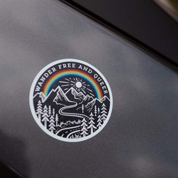 Wander Free and Queer Car Magnet | Weatherproof Magnet for Car, Fridge, or Locker | Rainbow Pride Magnet