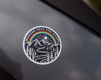 Wander Free and Queer Car Magnet | Weatherproof Magnet for Car, Fridge, or Locker | Rainbow Pride Magnet