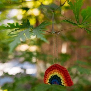 May include: A handmade, crocheted rainbow ornament with red, orange, yellow, green, and blue stripes hangs from a tree branch. The colorful decoration is suspended by a thin, natural-colored string, set against a backdrop of green leaves and soft sunlight.