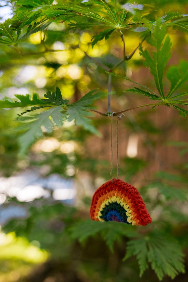 May include: A handmade, crocheted rainbow ornament with red, orange, yellow, green, and blue stripes hangs from a tree branch. The colorful decoration is suspended by a thin, natural-colored string, set against a backdrop of green leaves and soft sunlight.