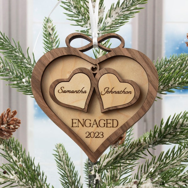 Engagement Ornament Personalized Couples Names Wooden Engraved Decorations Gifts Fiance Our First Christmas Engaged Married Infinity Heart