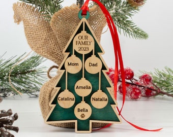 Personalized Family Christmas Tree Ornament 2023 With Family Member Names, Custom Holiday Wooden Ornament, 2-7 Names