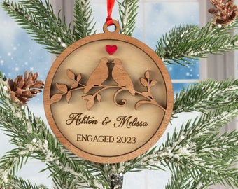 Engagement Ornament Personalized Couples Names Wooden Ornament Love Birds Gift for Couples Unique