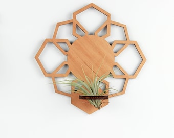 Geometric Planter, Air Plant Holder, Wooden Wall Hanging Display, Home Office Decor Plant Lover Gift Wall Mounts for Indoor Garden Ornaments