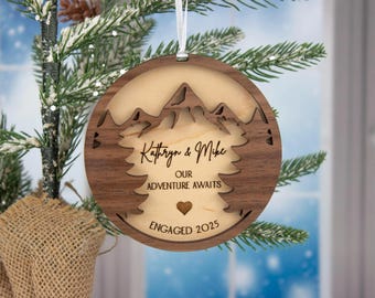 Engagement Ornament Personalized Couples Wooden Engraved Decorations Gifts for Fiance Our First Christmas Engaged Married Mountains Trees