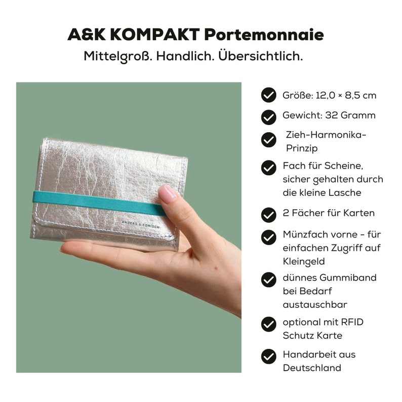 Vorderansicht vom silbernen Portemonnaie mit Münzfach für Damen.