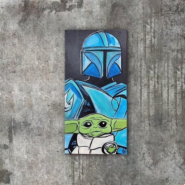 Mando & Grogu Hand Painted Original 12x24 Canvas Mixed Media Wall Art, Baby Yoda, Star Wars, The Mandalorian, Large Acrylic Canvas Painting