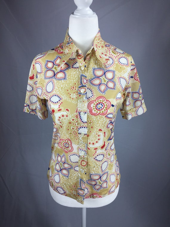 70s Women's Disco Shirt, Blouse, Paisley Print, T… - image 1