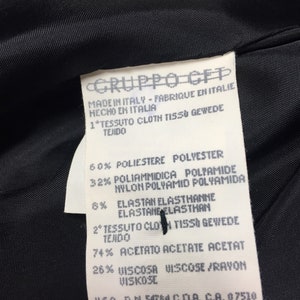 May include: A white tag with black text detailing the fabric composition of a garment. The tag reads "GRUPPO CEP", "Made in Italy - Fabrique en Italie - Hecho en Italia", "1* Tessuto Cloth tissu Gewebe Tejido", "60% Poliestere Polyester", "32% Poliammidica Polyamide Nylon Polyamid Polyamida", "6% Elastan Elasthanne Elastane Elasthan", "2&ordm; Tessuto Cloth Tissu Gewebe Tejido", "74% Acetato Acetate Acetat", "26% Viscosa Viscose/Rayon Viskose", "U.S.A. R.N. 54764 C.D.A. C.A. 07510", "64 84145 8424 OF LAU. 01".