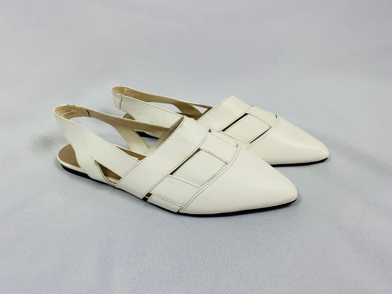 80s white pointed toe slingback flats by mainframe, white strappy cut out flats, vintage ballet flats, new old stock, deadstock,