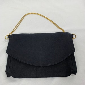 Vintage 70s Black Fay Swafford Canvas Clutch, Chain Strap, Retro Fabric Purse, Handbag, Vinyl Interior, Linen
