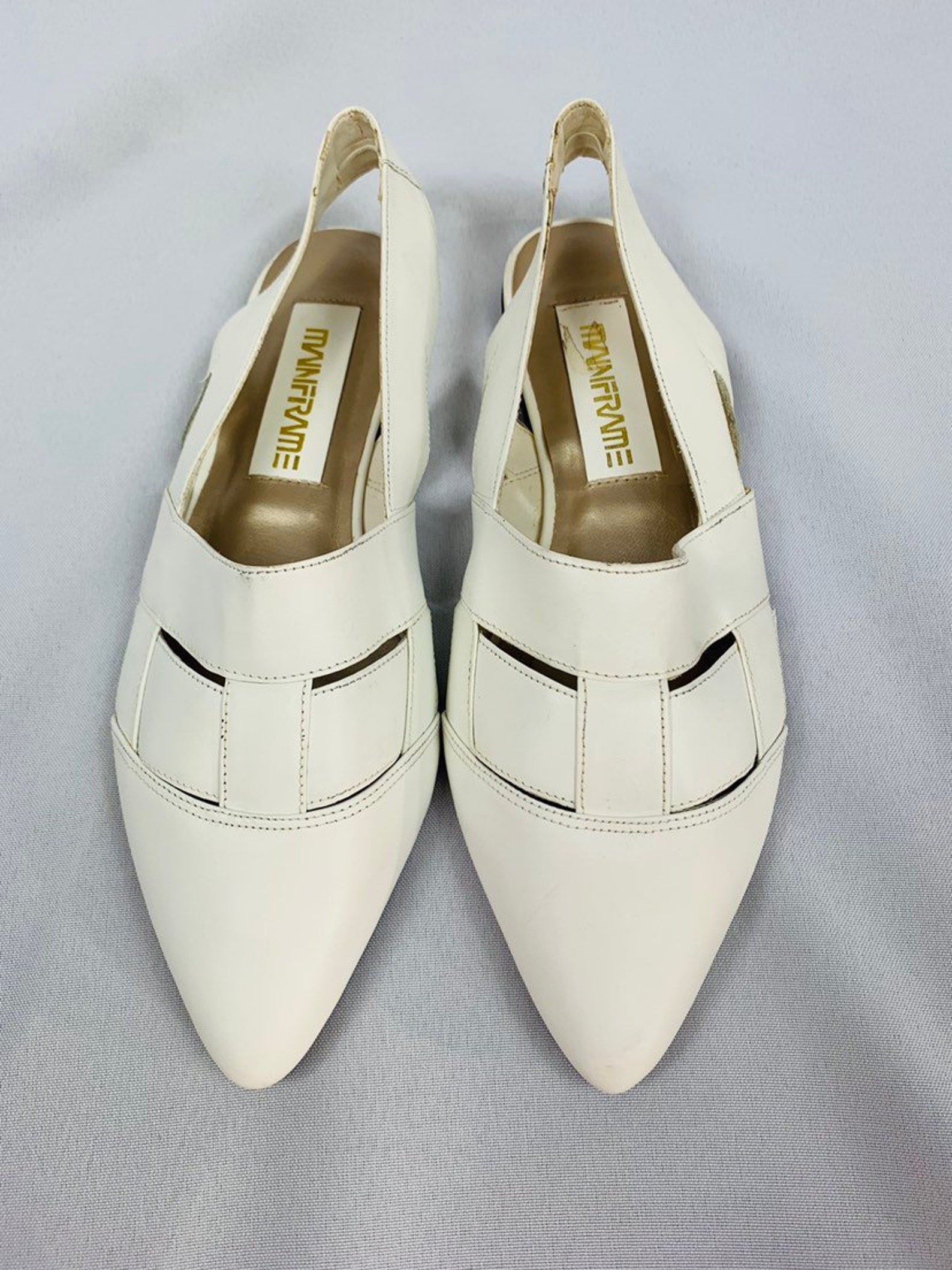 80s white pointed toe slingback flats by mainframe, white strappy cut out flats, vintage ballet flats, new old stock, deadstock,