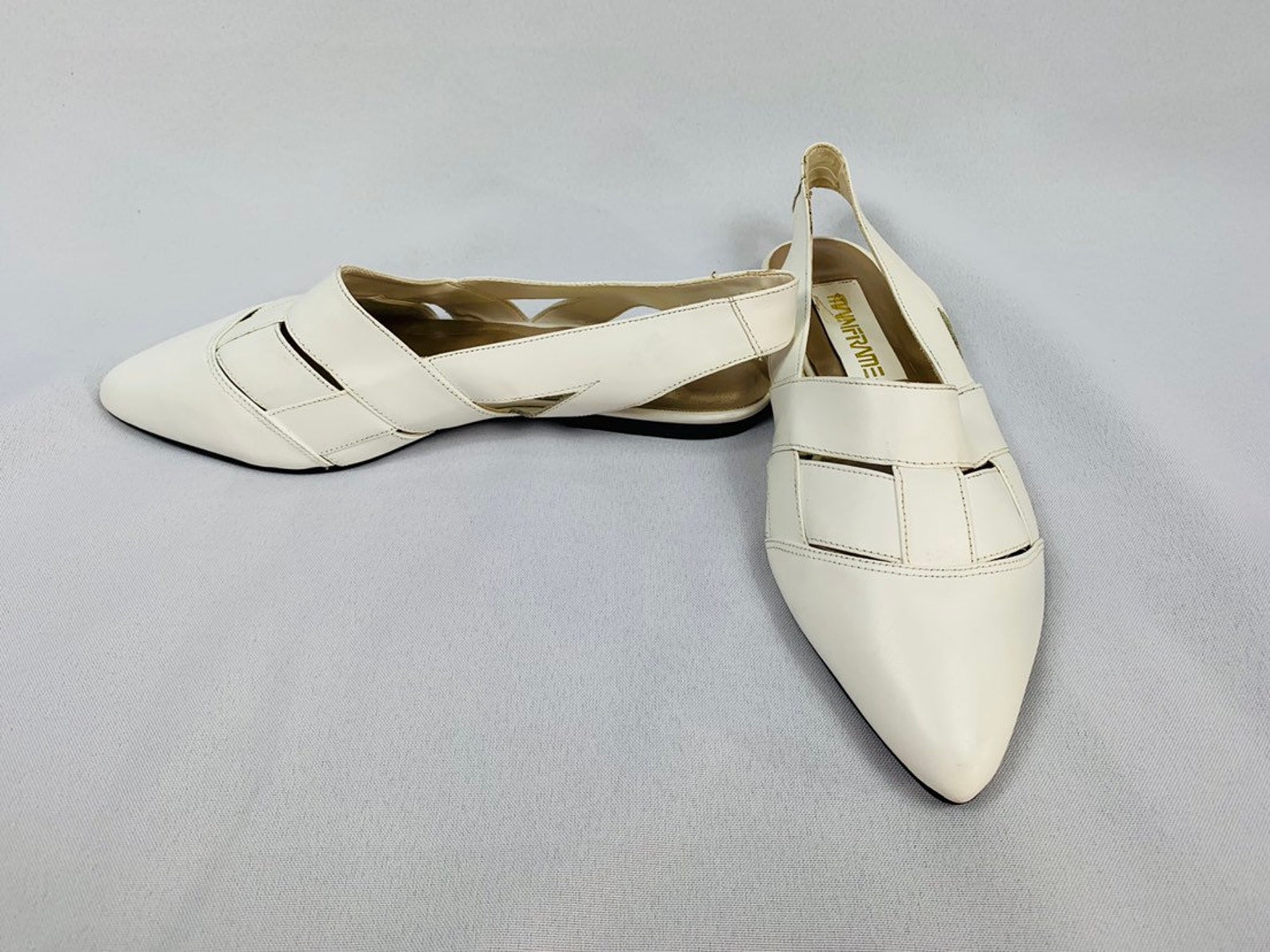 80s white pointed toe slingback flats by mainframe, white strappy cut out flats, vintage ballet flats, new old stock, deadstock,