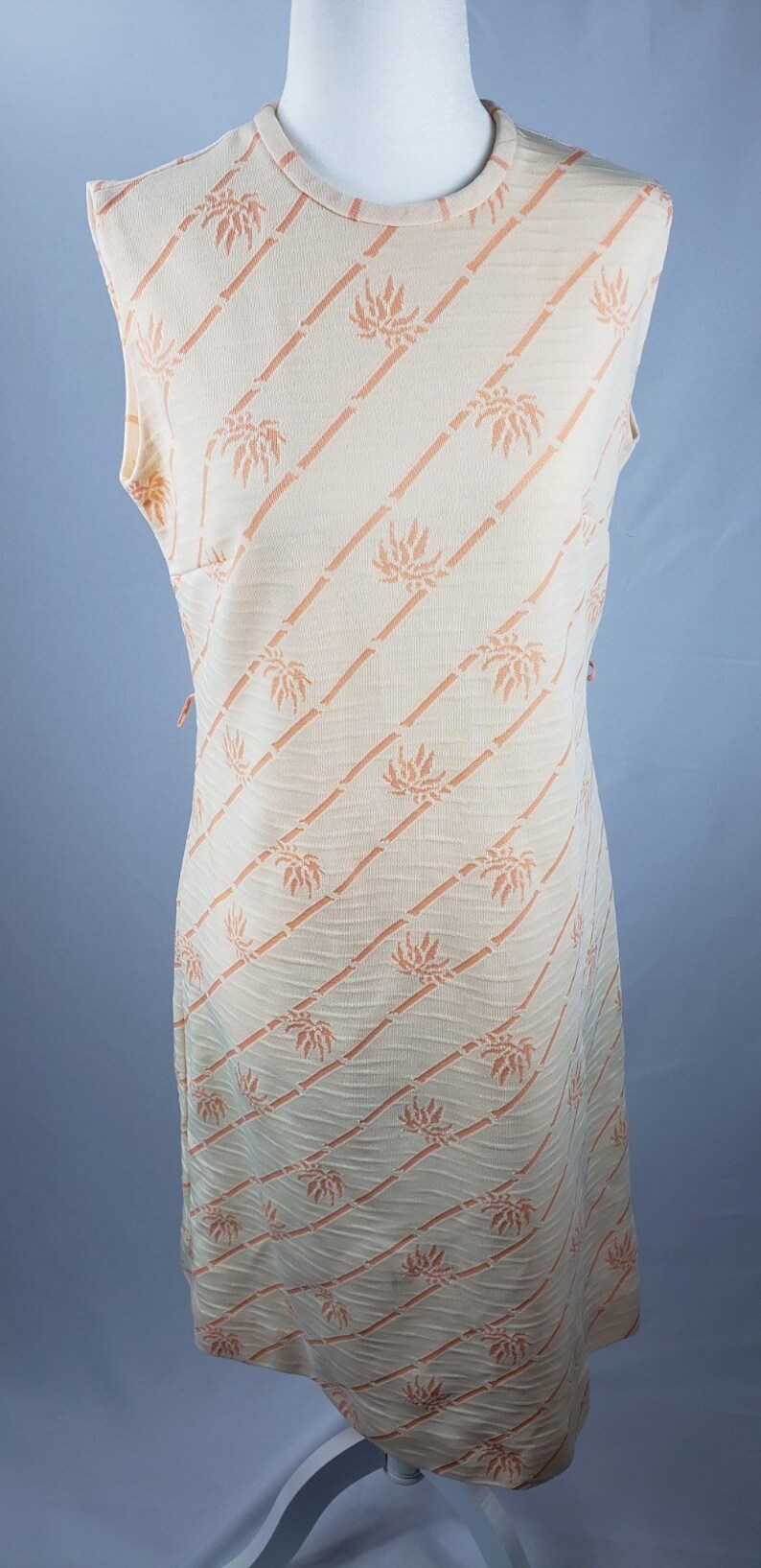 Vintage Retro Dress Hawaiian Palm Trees Pattern Size ML 60s Peach Shift Dress Coral Shift Novelty Print Women/'s Resort Wear