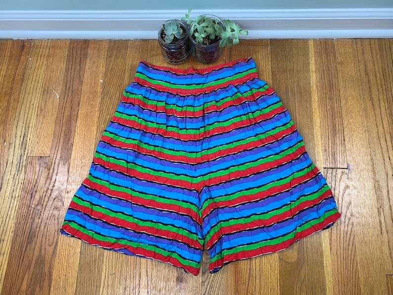 Mom Shorts Elastic Waist Striped Shorts Culottes High Waisted Shorts Vintage High Rise Size L Festival 90s Women/'s Paperbag Shorts
