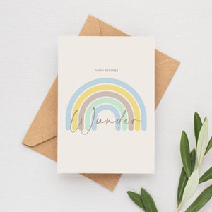 Grußkarte | Geburt | Glückwunschkarte | Hallo kleines Wunder | Karte mit Boho Regenbogen in beige und Blau | DIN A6 mit Umschlag