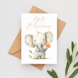 Grußkarte | Gute Besserung | Elefant mit Blume | Aquarell | DIN A6 mit Umschlag