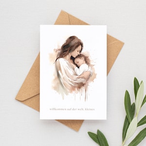 Grußkarte | Newborn | Glückwunschkarte | Willkommen Baby Geburt | Karte mit Aquarellillustration Mama & Kind in DIN A6 mit Umschlag