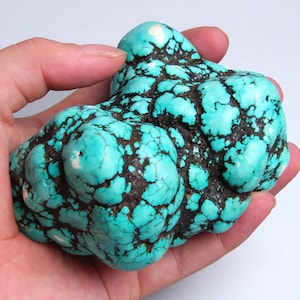 May include: A large, irregularly shaped turquoise stone with a blue-green color and black matrix. The stone has a rough, textured surface.