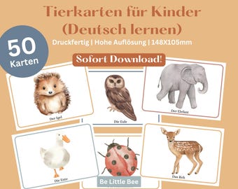 50 Animal Flashcards for Children in German | Animal Learning Cards | German Flashcards | Montessori Material