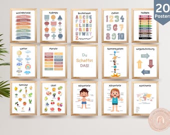 Set of 20 German Learning Posters - Educational Wall Art for Kids, Classroom and Home - Alphabet, Numbers and More.